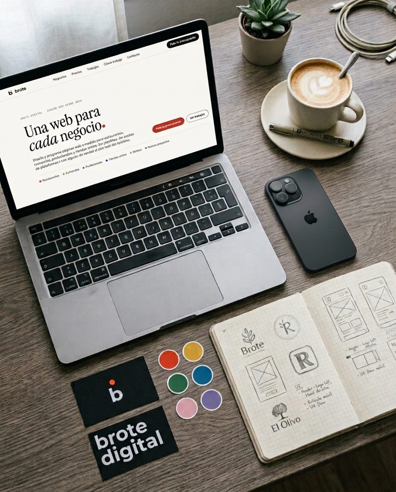 Escritorio de Brote Digital: portátil con la web de la agencia, tarjetas de visita con el logo y pegatinas de colores